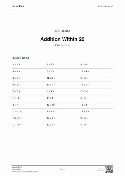 Preview of Addition Within 20