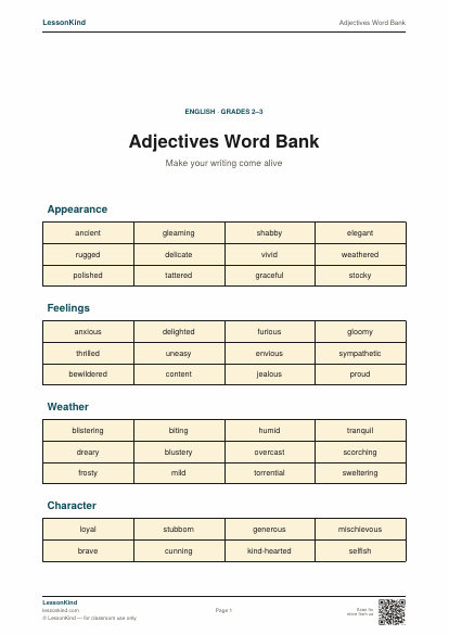 Preview of Adjectives Word Bank