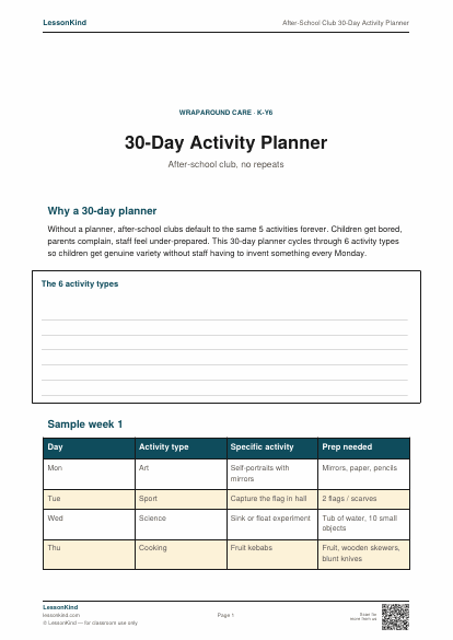 Preview of After-School Club 30-Day Activity Planner