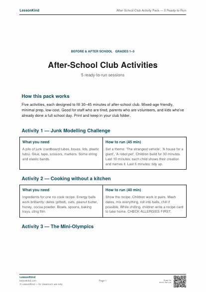 Preview of After-School Club Activity Pack — 5 Ready-to-Run