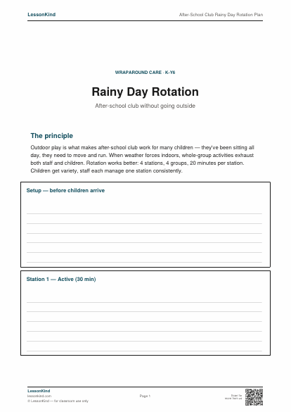 Preview of After-School Club Rainy Day Rotation Plan