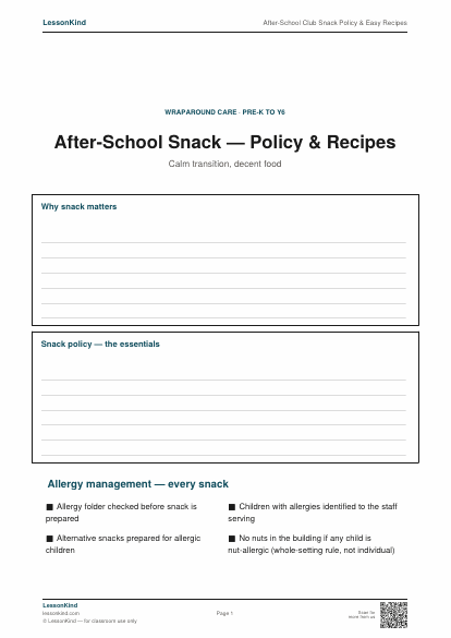 Preview of After-School Club Snack Policy & Easy Recipes