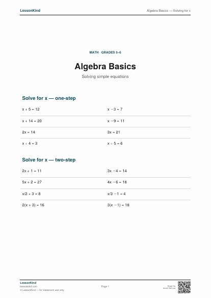 Preview of Algebra Basics — Solving for x