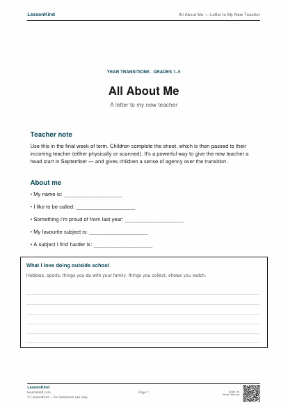 Preview of All About Me — Letter to My New Teacher