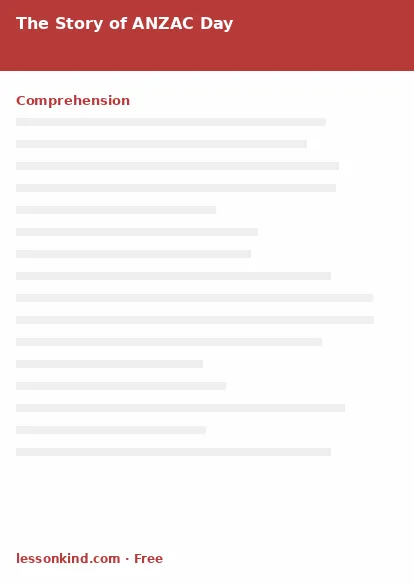 First page preview of Reading Comprehension — The Story of ANZAC Day