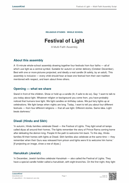 Preview of Festival of Light — Multi-Faith Assembly Script