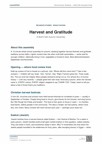Preview of Harvest &amp; Gratitude — Multi-Faith Assembly Script
