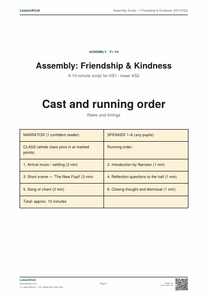Preview of Assembly Script — Friendship & Kindness (KS1/KS2)
