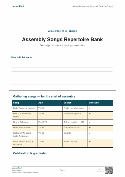Preview of Assembly Songs — Repertoire Bank (50 Songs)