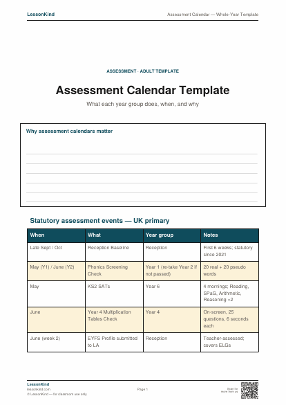 Preview of Assessment Calendar — Whole-Year Template
