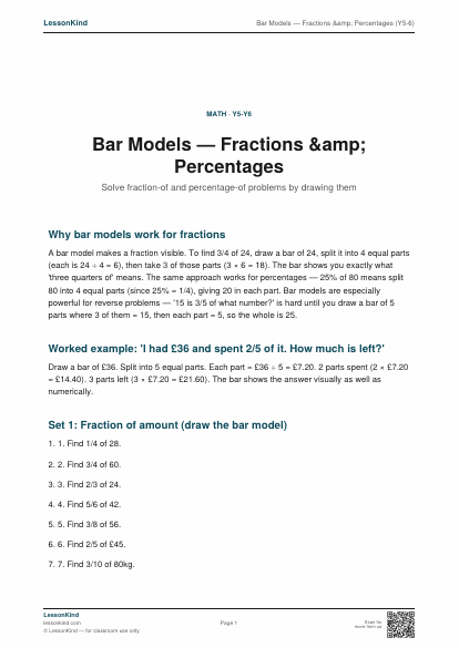 Preview of Bar Models — Fractions &amp; Percentages (Y5-6)