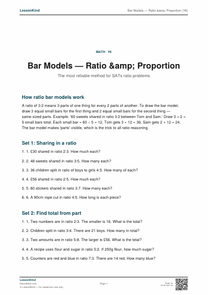 Preview of Bar Models — Ratio &amp; Proportion (Y6)