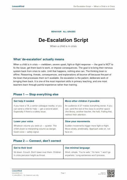 Preview of De-Escalation Script — When a Child is in Crisis
