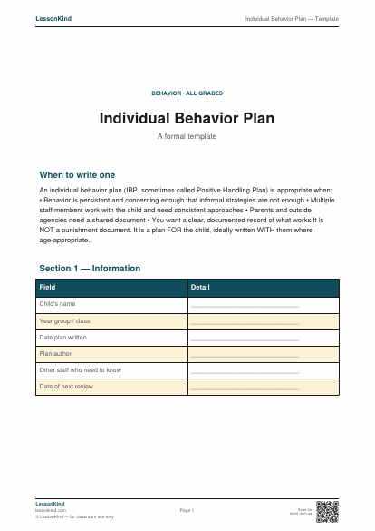 Preview of Individual Behavior Plan — Template