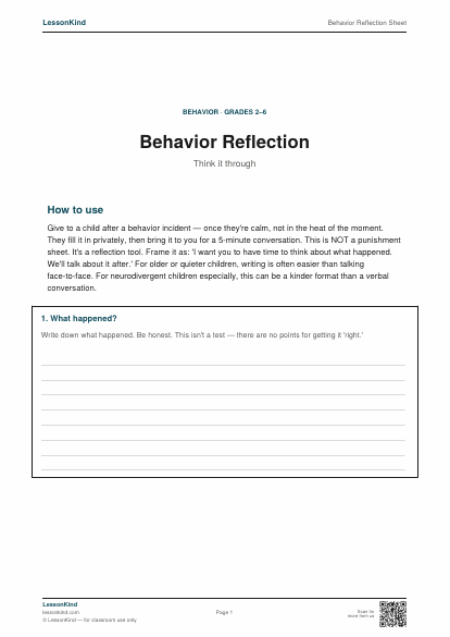 Preview of Behavior Reflection Sheet