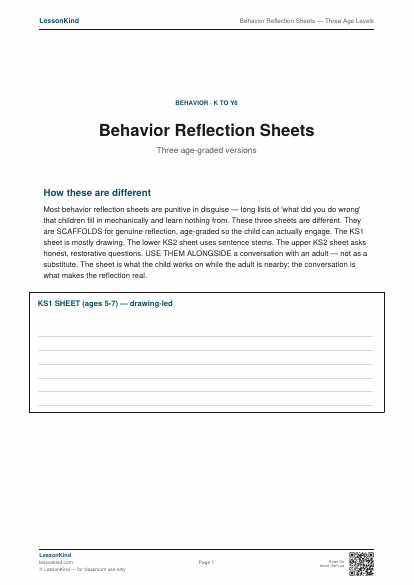 Preview of Behavior Reflection Sheets — Three Age Levels