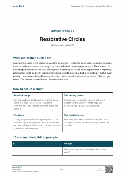 Preview of Restorative Circle Prompts — Whole-Class Edition