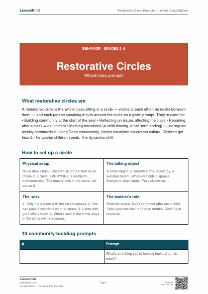 Preview of Restorative Circle Prompts — Whole-Class Edition