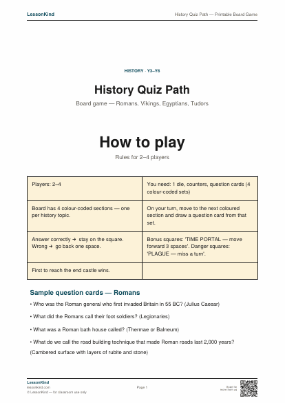 Preview of History Quiz Path — Printable Board Game
