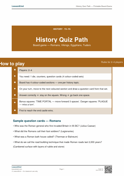 Preview of History Quiz Path — Printable Board Game