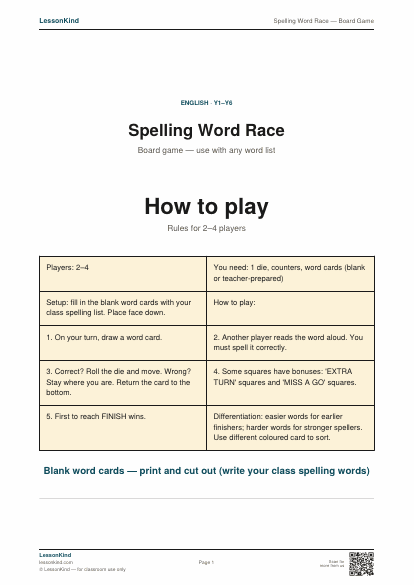 Preview of Spelling Word Race — Board Game