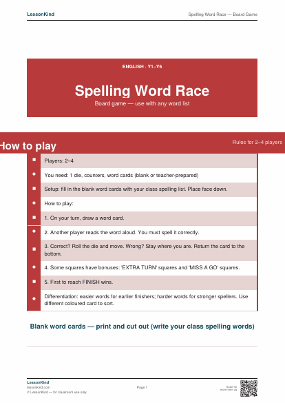 Preview of Spelling Word Race — Board Game