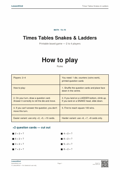 Preview of Times Tables Snakes & Ladders