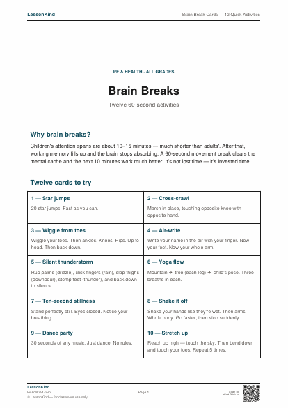 Preview of Brain Break Cards — 12 Quick Activities
