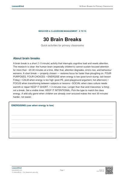 Preview of 30 Brain Breaks for Primary Classrooms