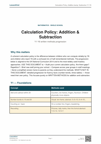 Preview of Calculation Policy: Addition &amp; Subtraction Y1-Y6