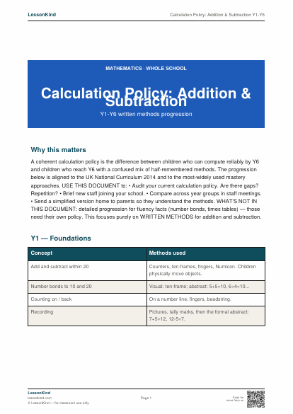 Preview of Calculation Policy: Addition & Subtraction Y1-Y6