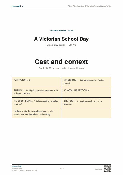 Preview of Class Play Script — A Victorian School Day (Y3–Y6)