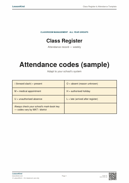 Preview of Class Register & Attendance Template
