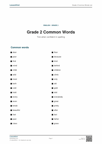 Preview of Grade 2 Common Words List
