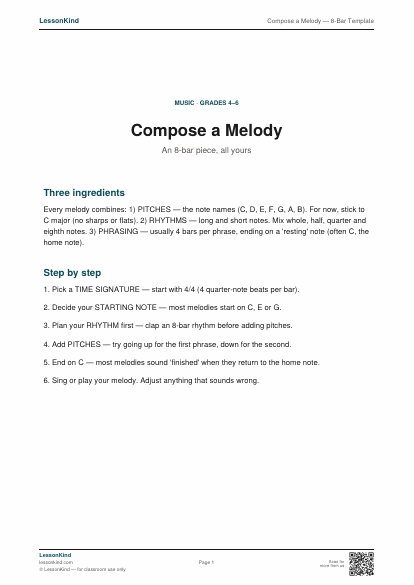 Preview of Compose a Melody — 8-Bar Template