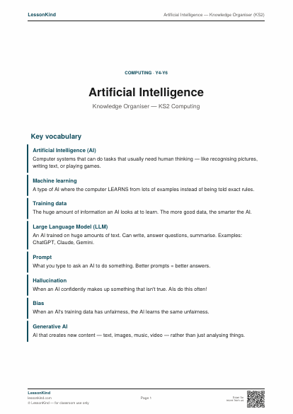 Preview of Artificial Intelligence — Knowledge Organiser (KS2)