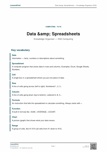 Preview of Data &amp; Spreadsheets — Knowledge Organiser (KS2)