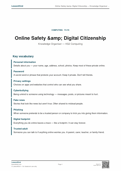 Preview of Online Safety &amp; Digital Citizenship — Knowledge Organiser (KS2)