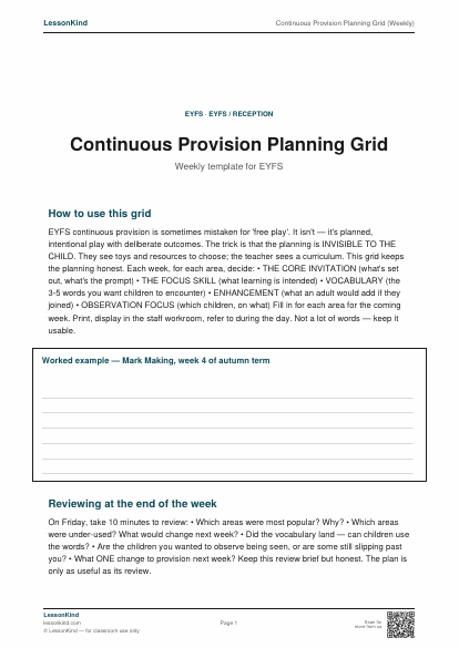 Preview of Continuous Provision Planning Grid (Weekly)