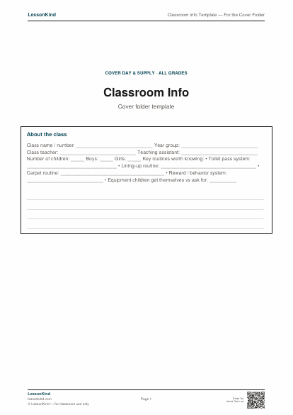 Preview of Classroom Info Template — For the Cover Folder