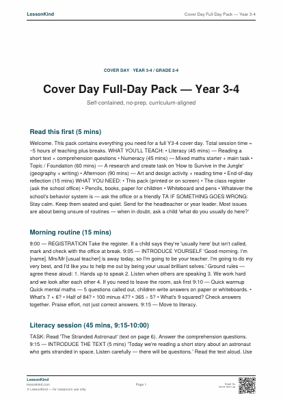 Preview of Cover Day Full-Day Pack — Year 3-4