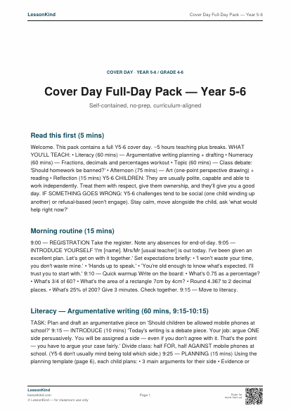 Preview of Cover Day Full-Day Pack — Year 5-6