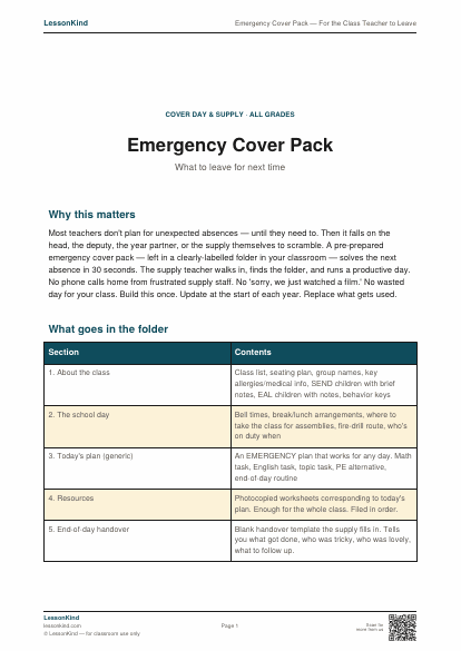 Preview of Emergency Cover Pack — For the Class Teacher to Leave