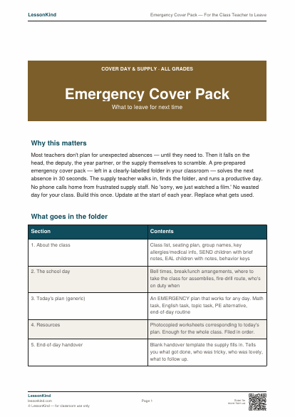 Preview of Emergency Cover Pack — For the Class Teacher to Leave