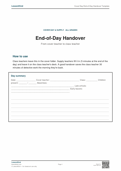 Preview of Cover Day End-of-Day Handover Template