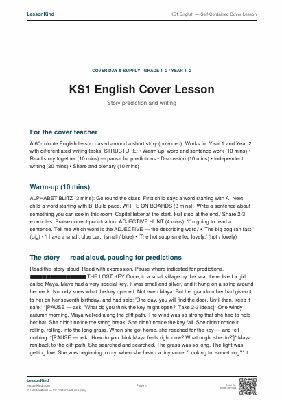 Preview of KS1 English — Self-Contained Cover Lesson