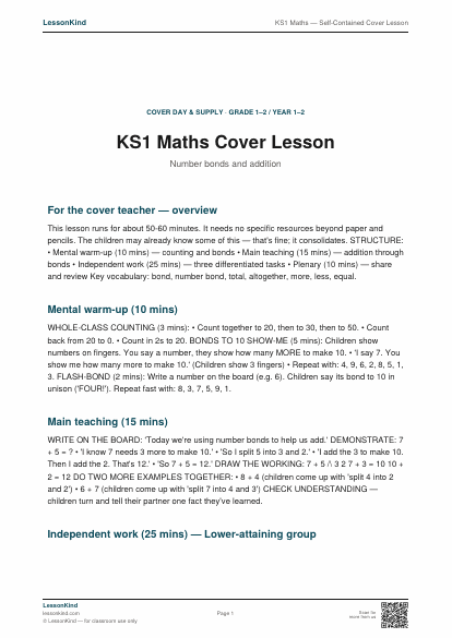 Preview of KS1 Maths — Self-Contained Cover Lesson