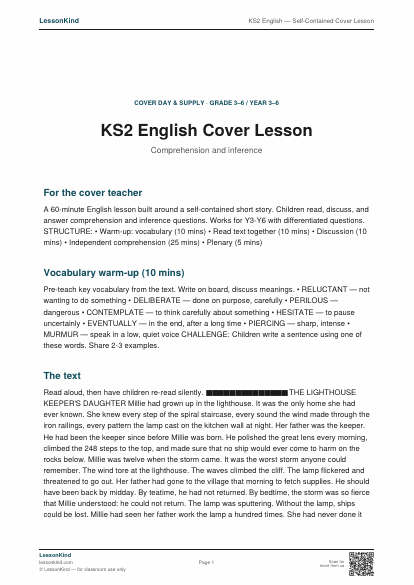 Preview of KS2 English — Self-Contained Cover Lesson