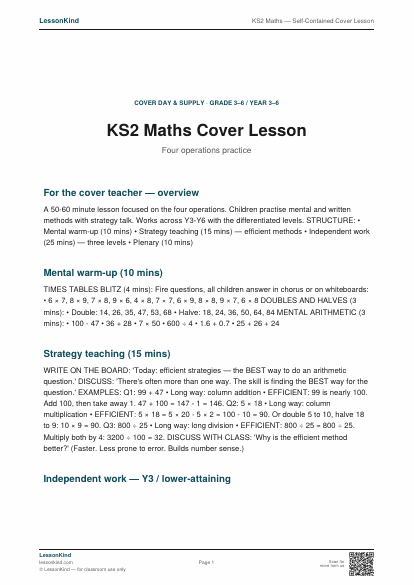 Preview of KS2 Maths — Self-Contained Cover Lesson