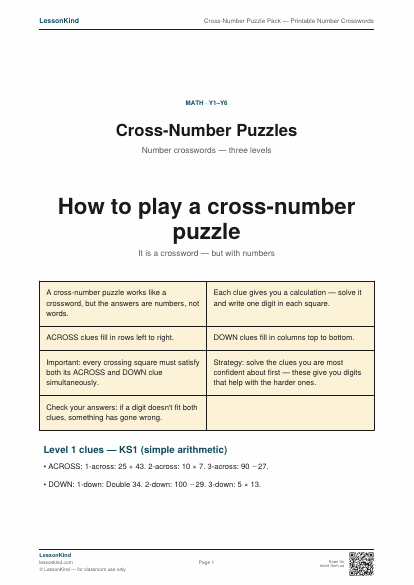 Preview of Cross-Number Puzzle Pack — Printable Number Crosswords